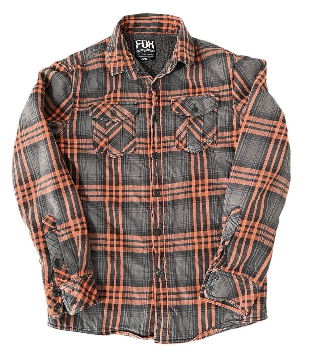 Y2K Fox Racing Sherpa Lined Fleece Jacket Men’s Size Small Orange Gray Flannel